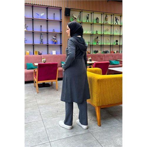 Kapşonlu Belden Bağlamalı Fermuarlı Sade Basic Uzun Tunik ve Pantolon İkili Spor Takım - 03065.017 - Antrasit