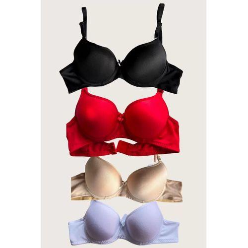Siyah-beyaz-kırmızı-ten 4'lü Dolgulu Push Up Micro Balenli Günlük Tek Destekli Sütyen