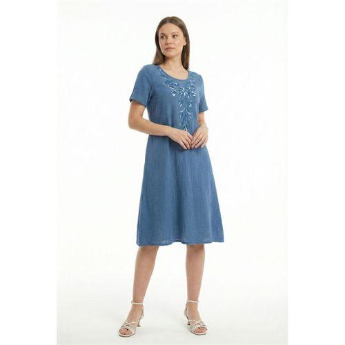 Kısa Kol Lidya Bisiklet Yaka Nakışlı Yazlık Kısa Müslin Elbise İndigo indg