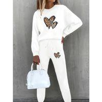 Kadın Uzun Kollu Bisiklet Yaka Kalp Desenli şardonlu üç Iplik Bluz Ve Pantolon Ikili Takım