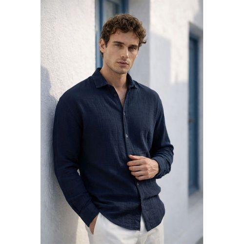 Nefes Alabilir Yarım Oversize Müslin Kumaş Uzun Kol Yakalı Erkek Gömlek - Lacivert