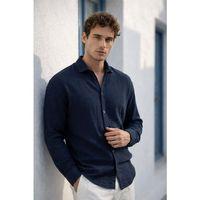 Nefes Alabilir Yarım Oversize Müslin Kumaş Uzun Kol Yakalı Erkek Gömlek - Lacivert