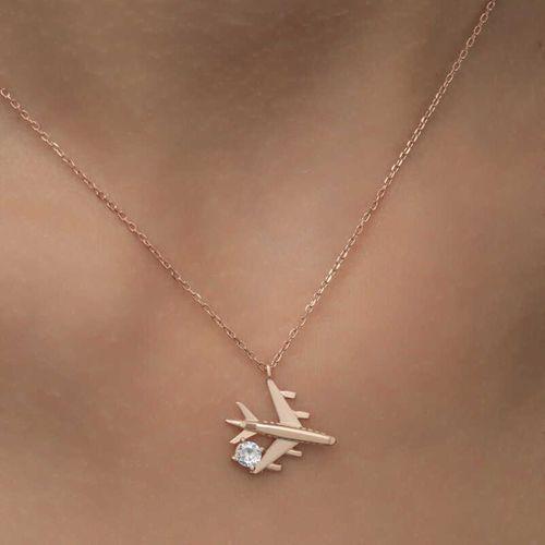 Lucky Life 925 Ayar Gumuss  Rose Tek Taşlı Uçak Lucky Life Lucky Life Kadın Kolye