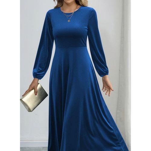 Kadın Uzun Kollu Bisiklet Yaka Midi Kadife Mavi Elbise