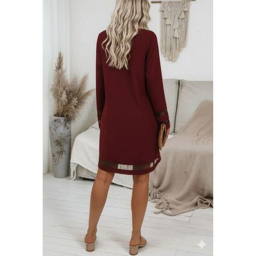 Kadın Uzun Kollu V Yakalı Tül şerit Detaylı Mini Krep Elbise