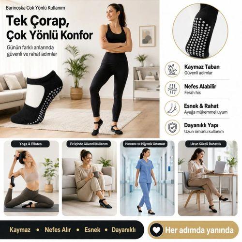 Kadın Siyah Kaymaz Yoga Pilates Çorabı 6'lı | Silikon Taban, Bilek Bantlı, Ev Spor Umre