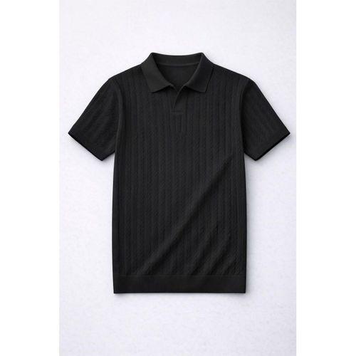 Nestor Saç Örgü Desenli Polo Yaka Regular Fit Örme İnce Triko Erkek T-Shirt - Siyah