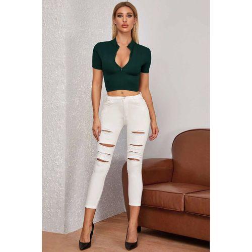 Kadın Yeşil Fermuar Detaylı Modern Kesim Crop Bluz