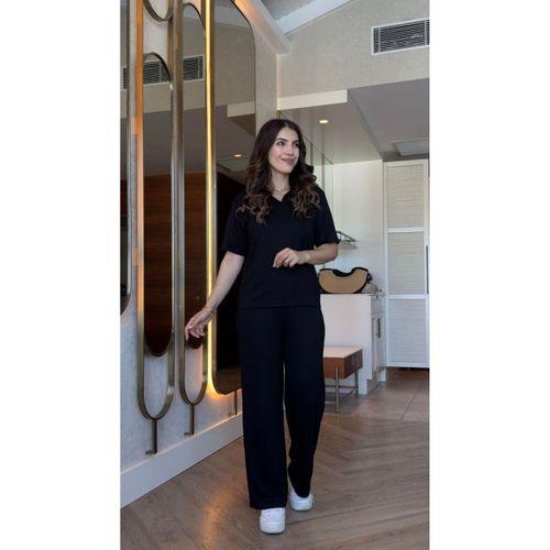 Kadın Kısa Kollu Yakalı Viskon Iki Iplik Bluz Ve Pantolon Ikili Takım