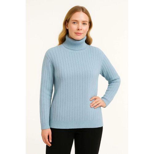 Balıkcı Yaka Bağazlı Triko Kazak Pamuklu Kalın Fitilli Dokuma - Bebek Mavisi