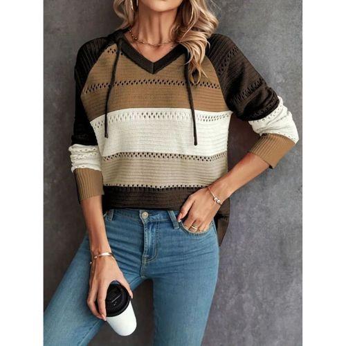 Kadın Uzun Kollu V Yakalı Bağcıklı Kapşonlu Triko Bluz