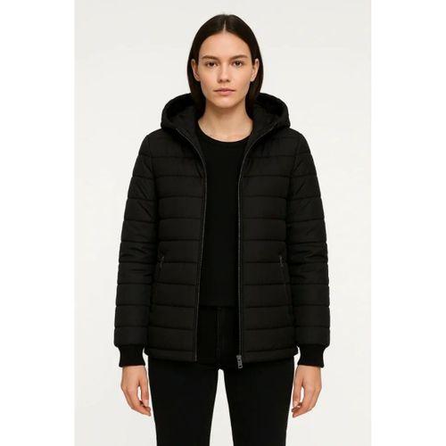 Şişme Kapüşonlu Fermuarlı Mont Su Itici Kapitone Astarlı Kumaş Cepli Kışlık Rahat Kalıp - Siyah