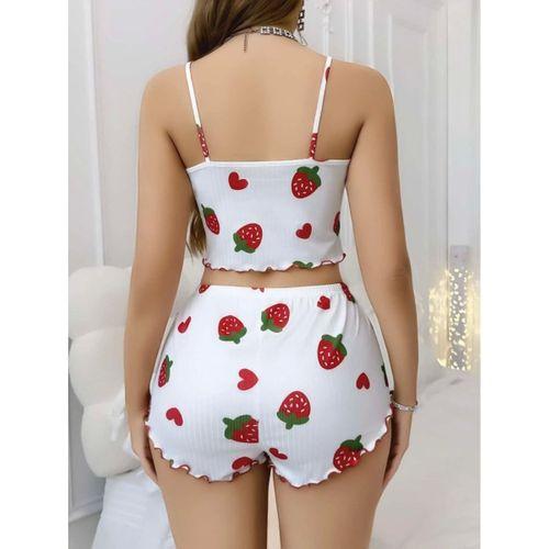Kadın Beyaz Çilek Desenli Şortlu Pijama Takımı Sevimli Rahat 2’li Set