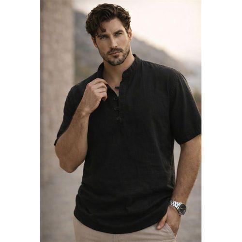 Wes Oversize Yarım Pat Bambu Kısa kol Gömlek - Siyah