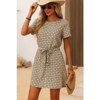 Kadın Kısa Kollu Yuvarlak Yaka Beli Kuşaklı Geometrik Desenli Süprem Elbise