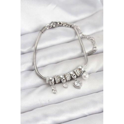 Pirinç Gümüş Renk Kalp Charmlı Kadın Bileklik