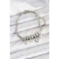 Pirinç Gümüş Renk Kalp Charmlı Kadın Bileklik