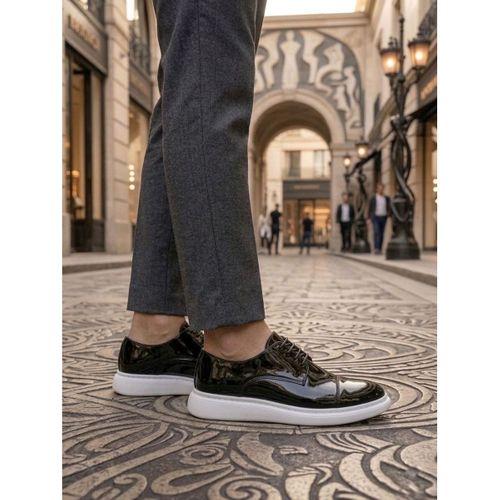 BA0003 Siyah Kapaklı Burun Bağcıklı Rugan Beyaz Taban Erkek Oxford Ayakkabı