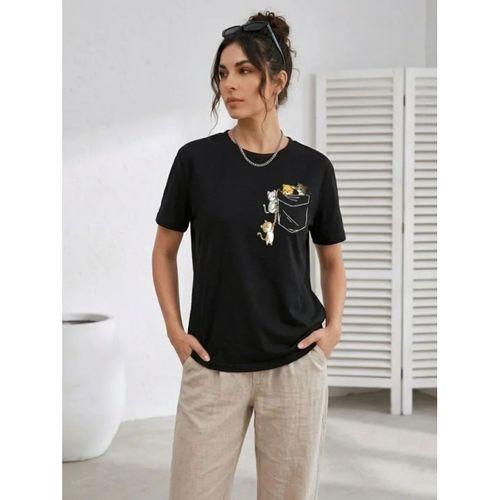 Sevimli Kedi Cep Baskılı Tişört Kısa Kol Yazlık T-Shirt - Siyah