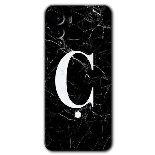 Vivo Y15s Kılıf HD Desen Baskılı Arka Kapak + Temperli Cam - Siyah Mermer Desenli Ç Harfi
