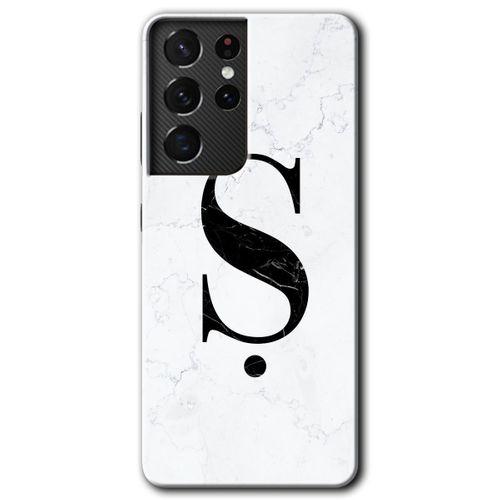 Samsung Galaxy S21 Ultra HD Baskılı Kılıf + 9D Tam Ekran Koruyucu - Beyaz Mermer Desenli Ş Harfi