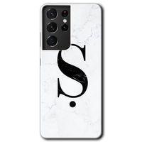 Samsung Galaxy S21 Ultra HD Baskılı Kılıf + 9D Tam Ekran Koruyucu - Beyaz Mermer Desenli Ş Harfi
