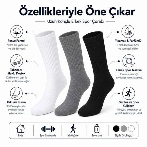 Erkek Spor Çorap 6'lı | Penye Pamuklu Havlu Tabanlı Uzun Konç, Dikişsiz Burun, Siyah Gri Beyaz