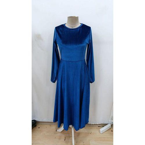 Kadın Uzun Kollu Bisiklet Yaka Midi Kadife Mavi Elbise