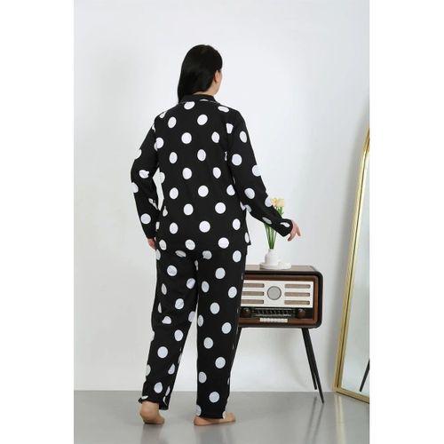 Kadın Büyük Beden Pamuklu Cepli Düğmeli Siyah Pijama Takım