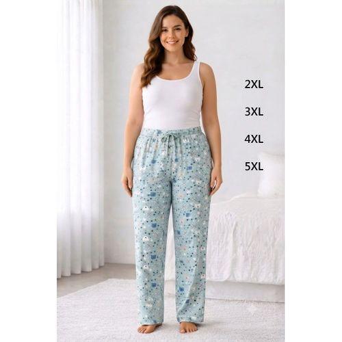 Viskon Pamuklu Kadın Büyük Beden Deniz Mavisi Desenli Pijama Pantolon - Brf012 -