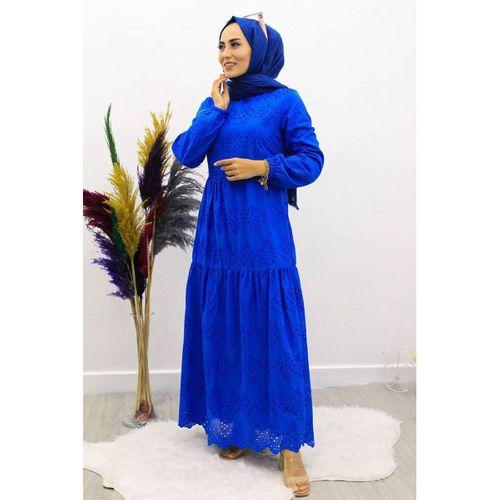 Güpürlü Elbise Boydan Astarlı Pamuk Kumaş Saks Mavi