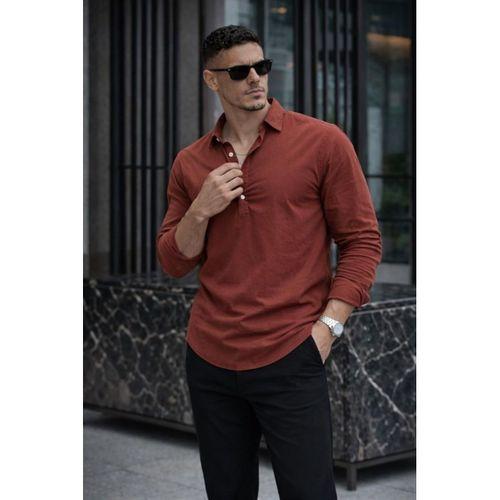 Yarım Pat Yakalı York Pamuk Kumaşlı Uzun Kollu Erkek Gömlek - Koyu Kahve