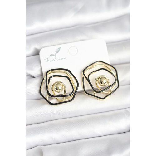 Pirinç Gold Renk Siyah Mineli Geometrik Gül Model Kadın Küpe