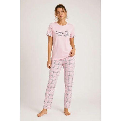 Pamuklu Penye Summer Baskılı Kısa Kollu Pijama Takımı Ekose Desenli - Pembe