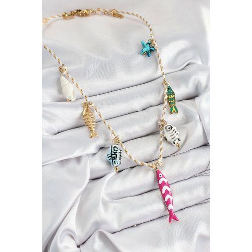 Seramik Motifli Pembe Balık Figürlü Model Krem İp Kadın Kolye