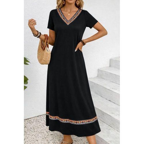 Kadın Kısa Kollu V Yakalı Etnik şerit Detaylı Uzun Viskon