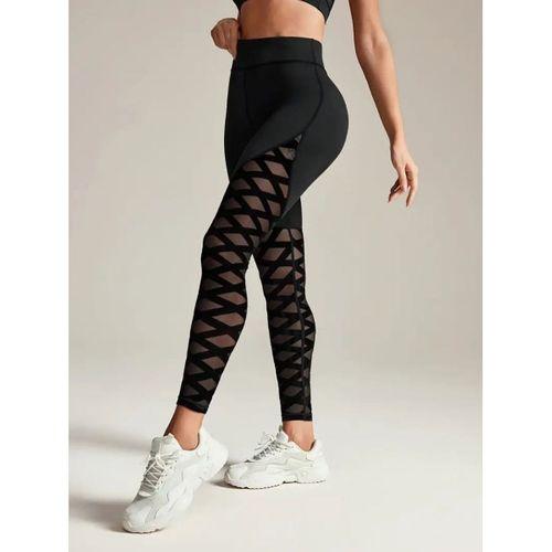 Kadın Yüksek Bel çapraz Desen Tül Detaylı Spor Dalgıç Tayt