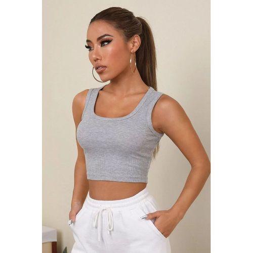 Kadın Gri Kare Yaka Crop Top Bluz
