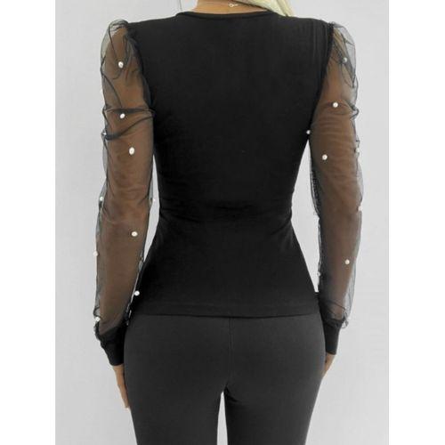 Kadın Uzun Kollu Inci Detaylı Tüllü Viskon Bluz