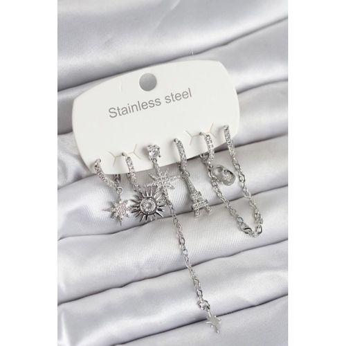 316L Çelik Gümüş Renk 6'lı Set Charmlı Kadın Küpe