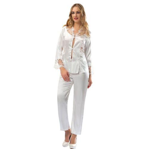 Kadın Beyaz Saten Çeyizlik Pijama Takım