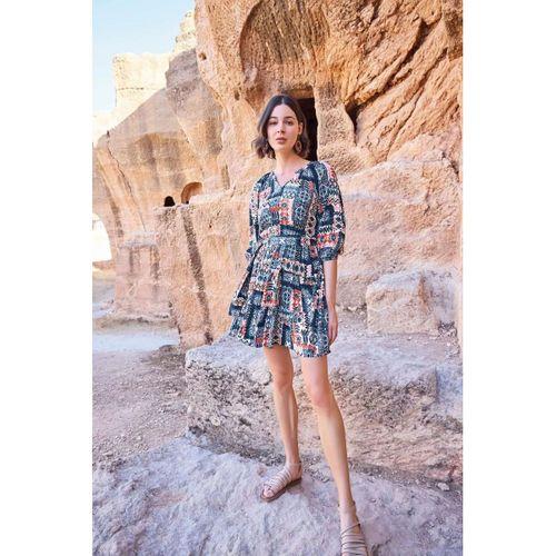 Etnik Desenli Truvakar Kollu V Yaka Elbise