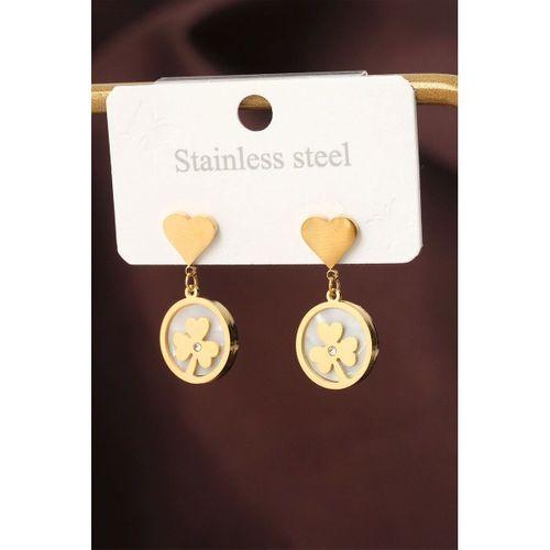 Çelik Gold Renk Zirkon Taş Detay Kalpli Yonca Küpe