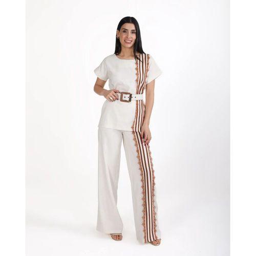 Trend Kadın Krem Keten Dokulu Bol Paça Pantolon ve Kısa Kollu Bluz Takımı