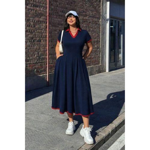 Kadın Kısa Kollu V Yakalı Pileli Uzun Janjan Krep Elbise