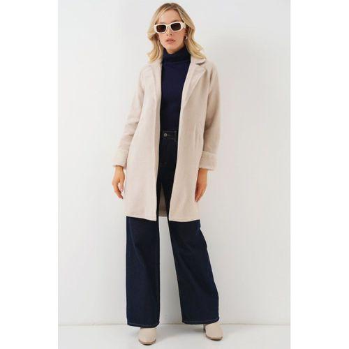 9145 Kolları Tüylü Balık Sırtı Kaşe Kaban - Krem