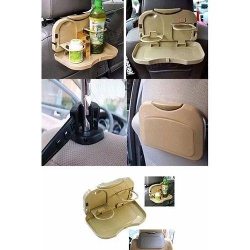 Araç İçi Koltuk Arkası Katlanabilir Bardak Tutuculu Bej Tepsi