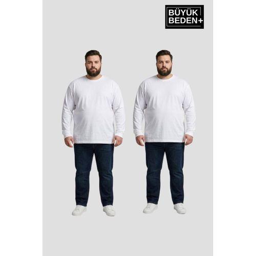 Erkek Büyük Beden 2 li Set Uzun Kollu 2 İplik Bisiklet Yaka Tişört SPR26BEA942+2