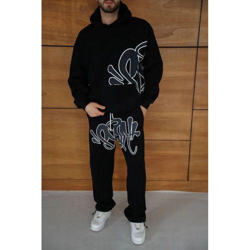 Erkek Kapüşonlu Eşofman Takım Graffiti Baskılı Oversize Rahat Kalıp, Kanguru Cepli, Streetwear Tarzında Premium Ürün 3 Iplik Pamuklu - Siyah