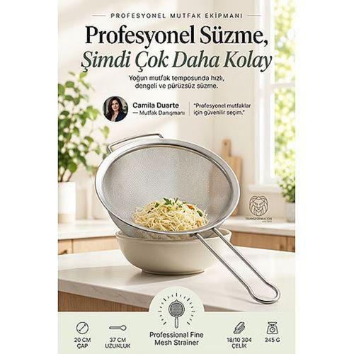 Endüstriyel Profesyonel Şef Tipi İnce Gözenekli Tel Süzgeç Kevgir 18/10 304 Paslanmaz Çelik 20 cm 23684